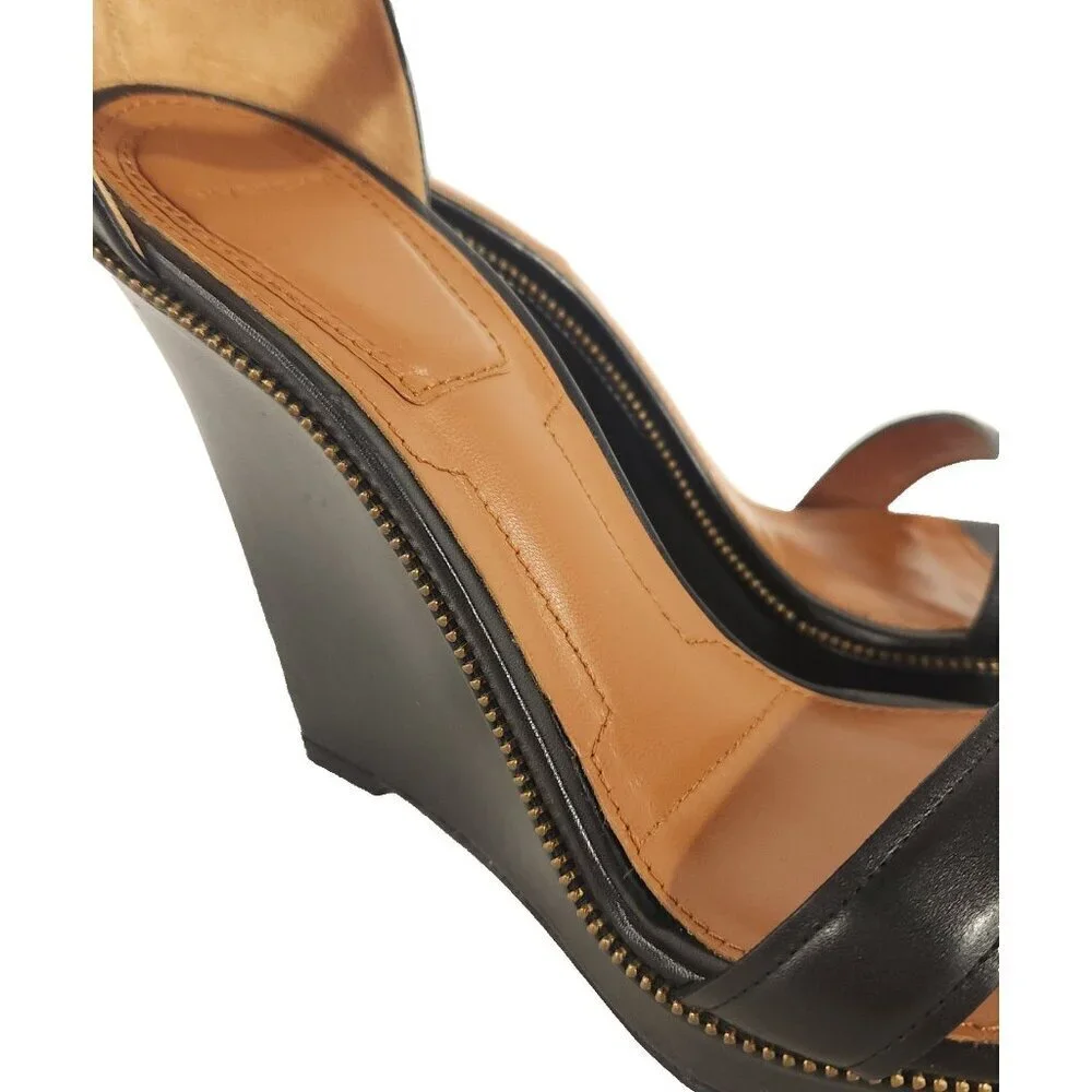 Givenchy Black Leather Ankle-Strap Wedge Sandals with Gold Stud Trim